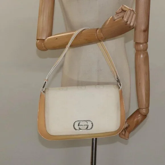 GUCCI GG Canvas Shoulder Bag Beige Silver 001
